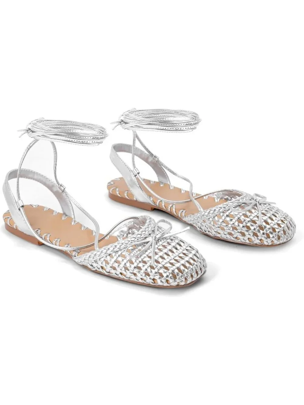 Women's Woven Silver Ballet Flats Lace Up Closed Square Toe Summer Dressy Sandal